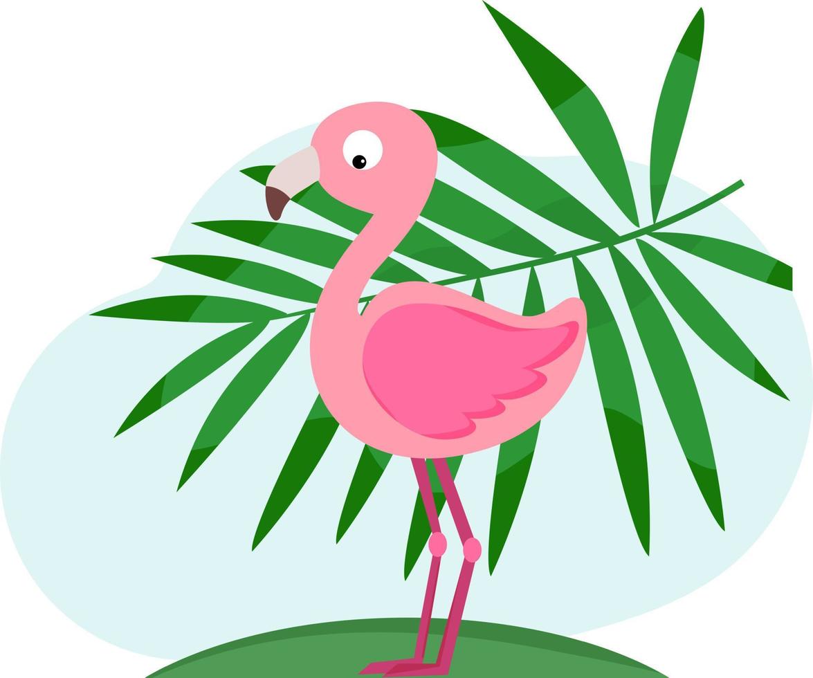 Cute flamingo with tropical leaf background. Summer illustration. Tropical bird. Vector illustration in flat style.