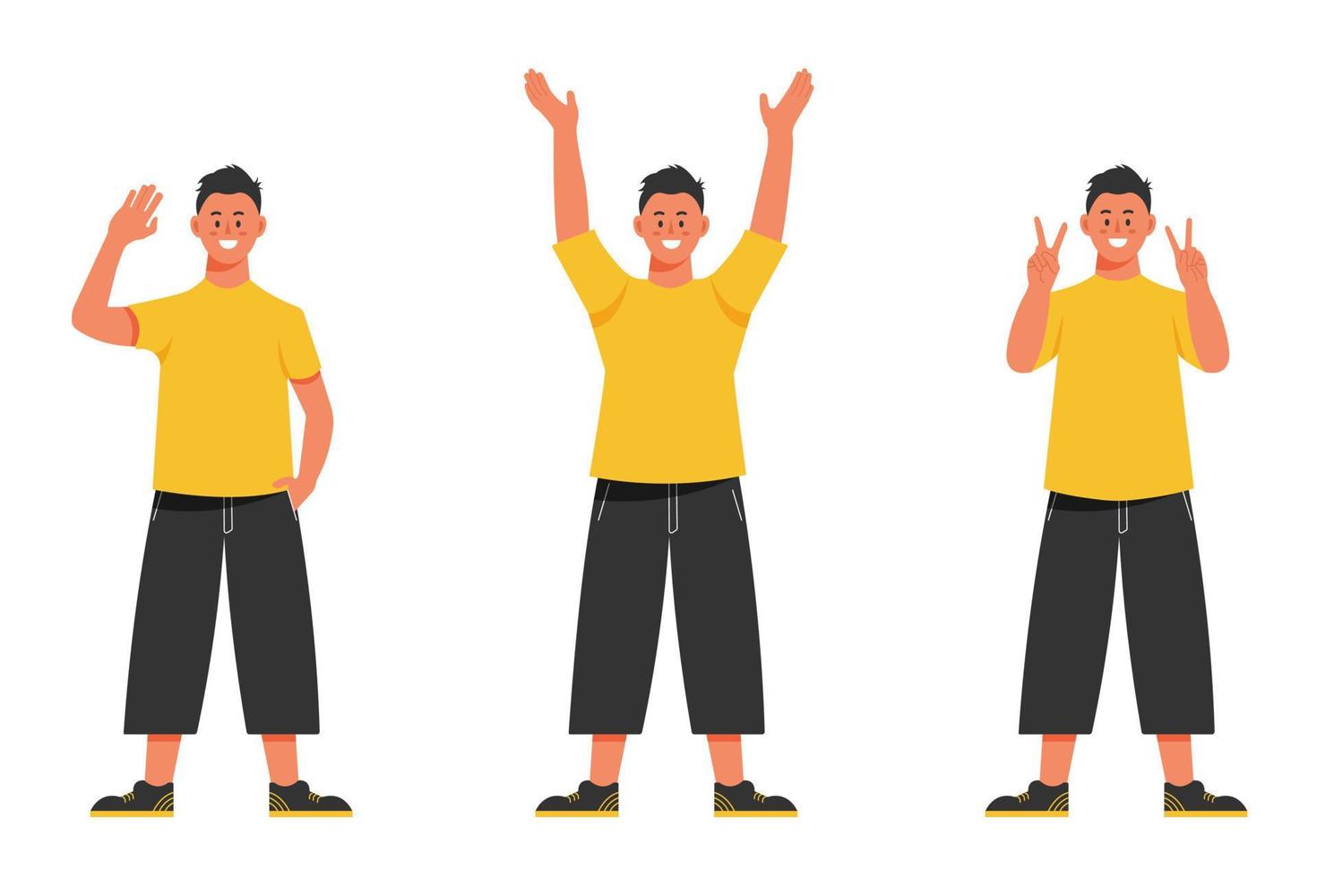 A young man in casual clothes standing and waving his hands in different poses. Set of isolated vector illustrations.