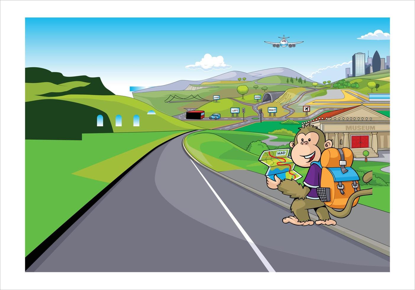 monkey cartoon character with natural background vector pro illustration