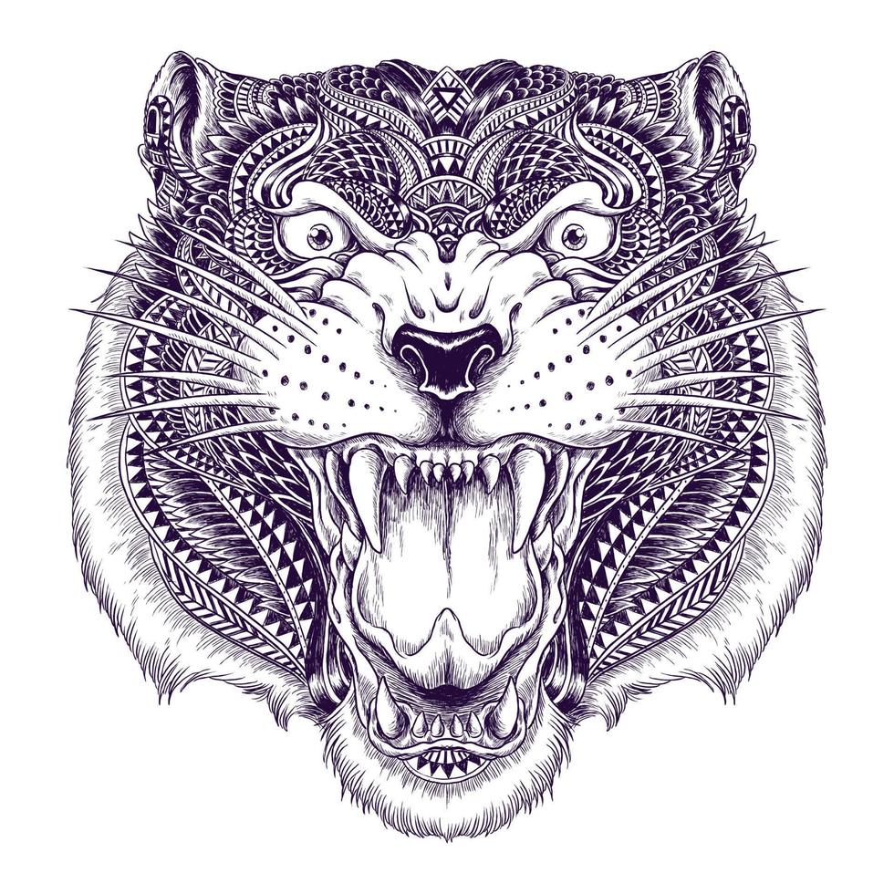 a growling tiger. a hand drawn illustration of a wild animal head. line art drawing for emblem, poster, sticker, tattoo, etc. Pro Vector