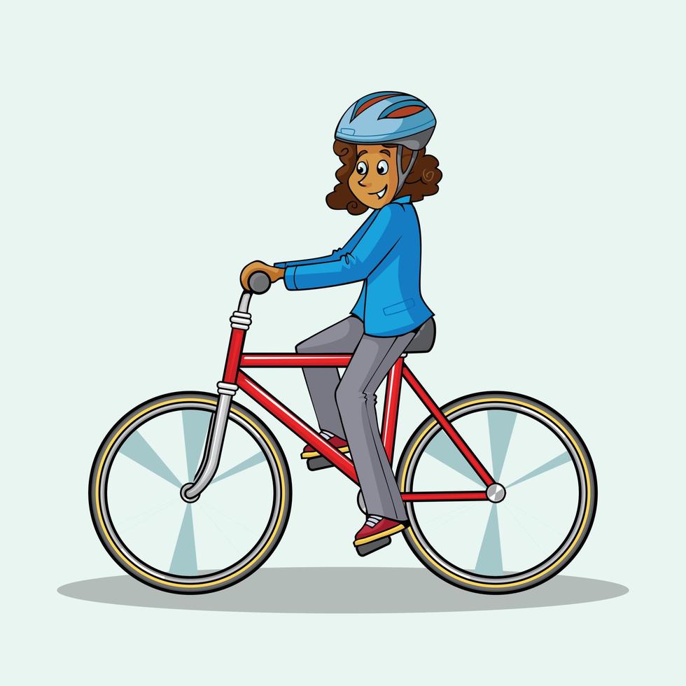 Young girl happy rides a bicycle in sportswear. The concept of outdoor activities in the city, cardio exercise, healthy lifestyle. Eco-friendly vehicle. Cartoon vector pro illustration