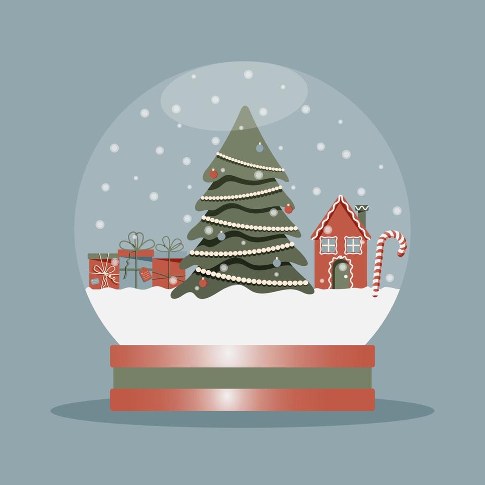 Snow globe with Christmas tree, gingerbread house, candy cane and presents boxes. Glass snow ball. Festive vector illustration in cartoon flat style.