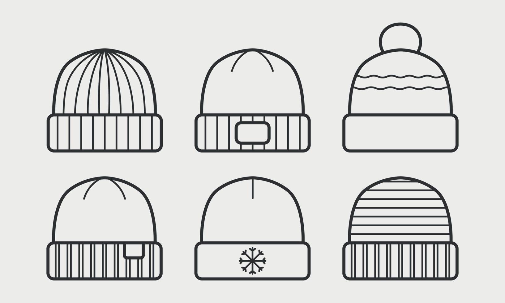 Wool beanie caps line icon set. Winter knitted hats. Thin line art  Editable Stroke. Vector illustration