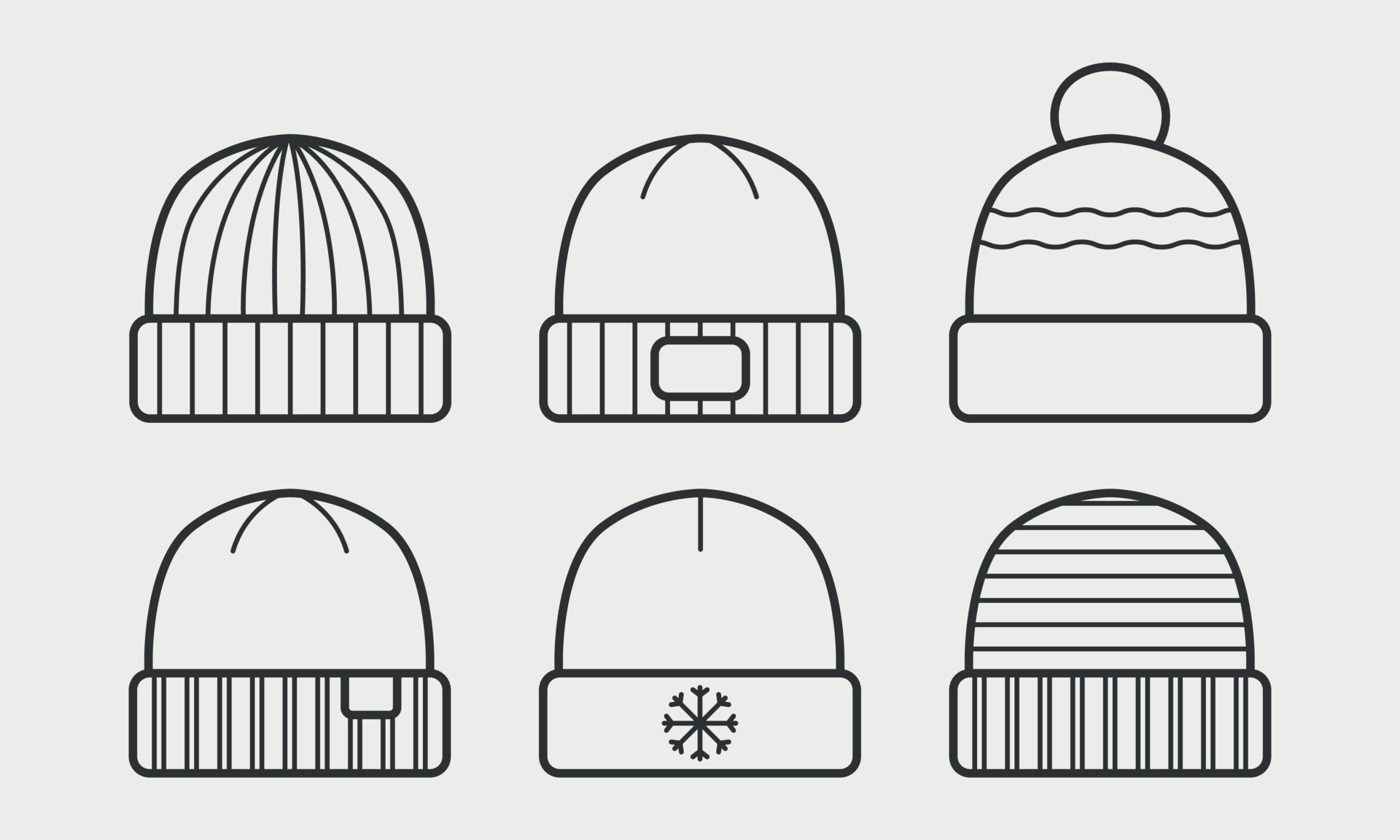 Wool beanie caps line icon set. Winter knitted hats. Thin line art