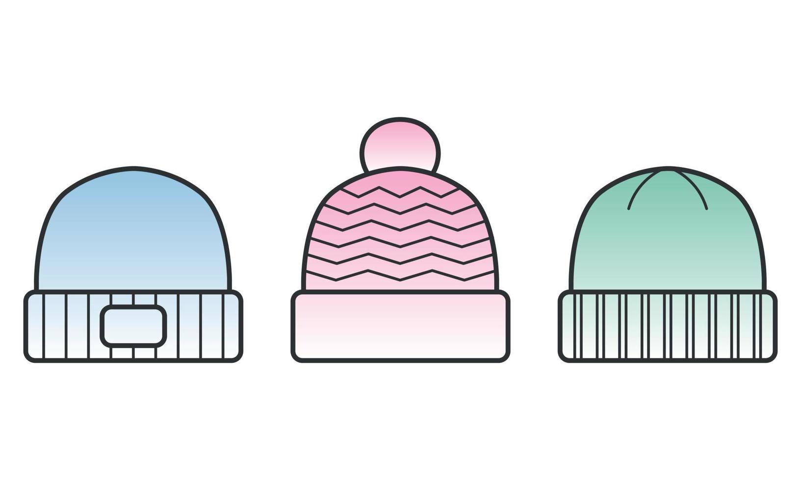 Wool beanie caps line icon set. Winter knitted hats. Thin line art  Editable Stroke. Vector illustration