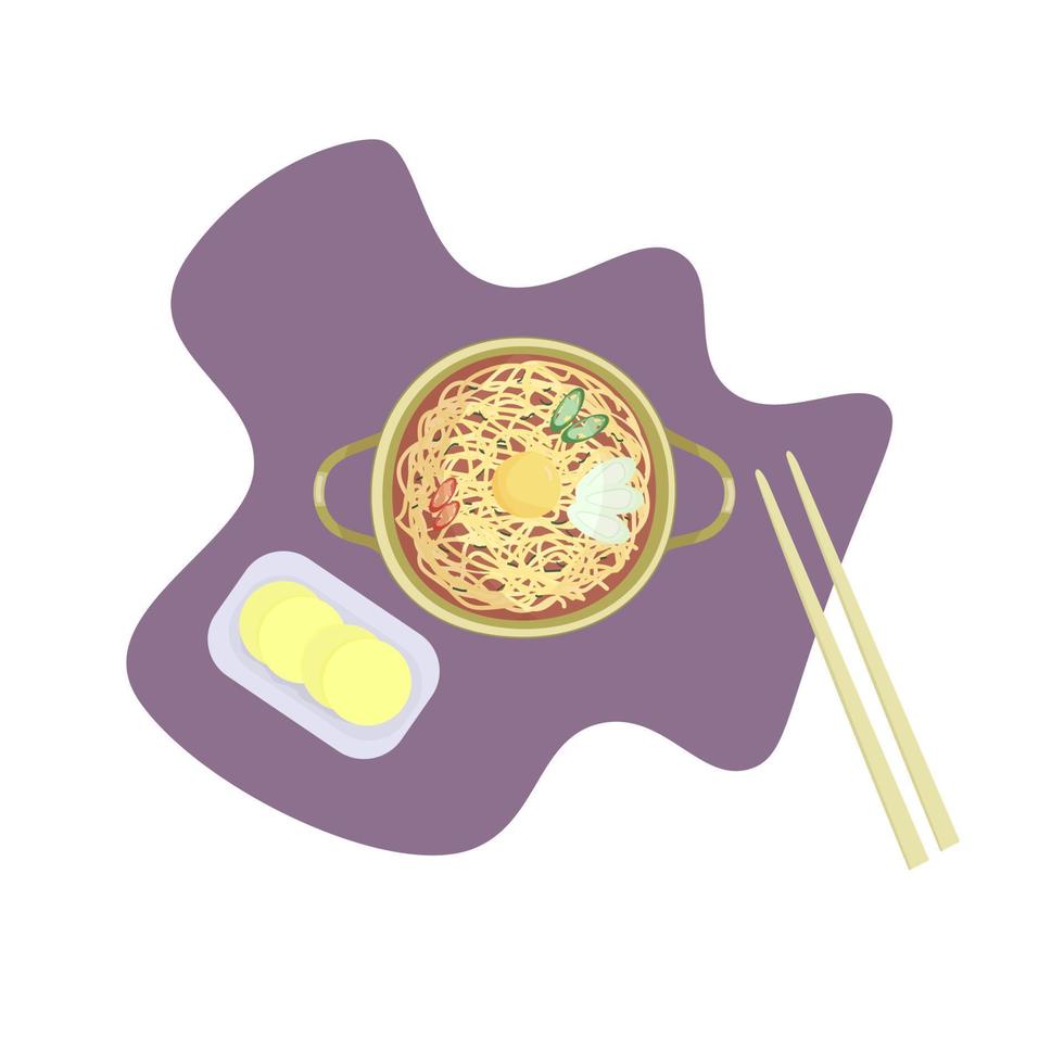 Ramen with egg, chilli pepper, pickled radish and chopsticks vector illustration.