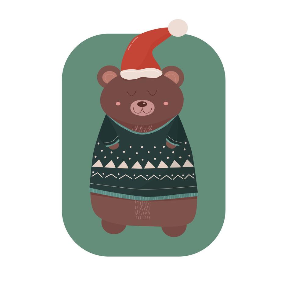 Christmas bear wearing knitted sweater. Best for cards, poster and etc. Vector illustration on white background.