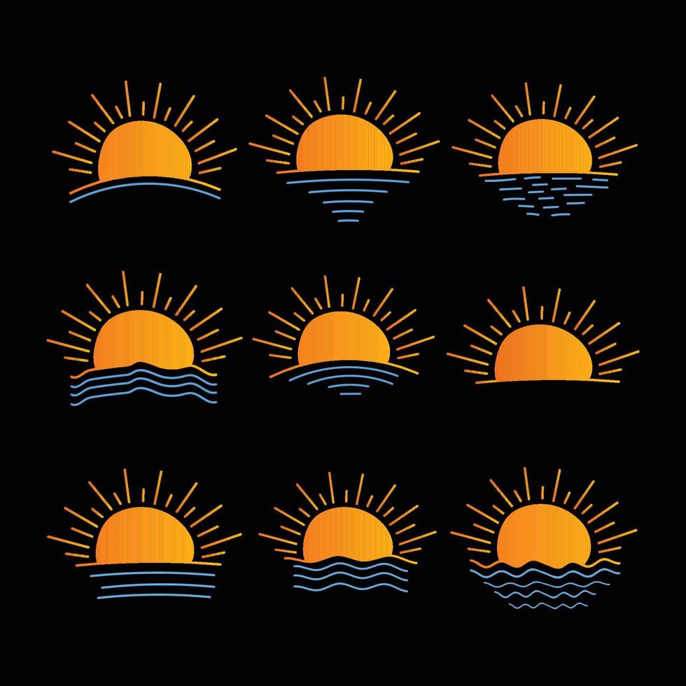 conjunto de icono de sol dibujado a mano verano amanecer puesta de sol sol sol logo icono mar océano sol aislado vector ilustración