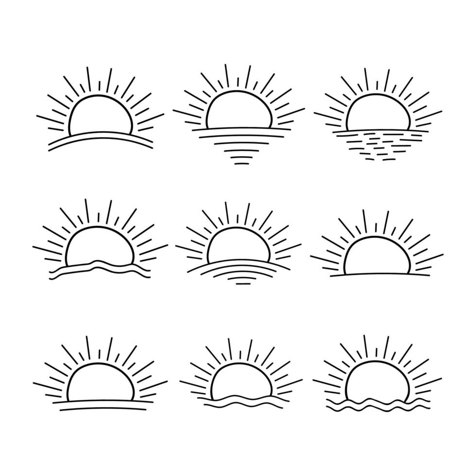 set of Sun icon hand drawn summer Sunrise Sunset sunshine sun logo icon sea ocean sun isolated vector illustration