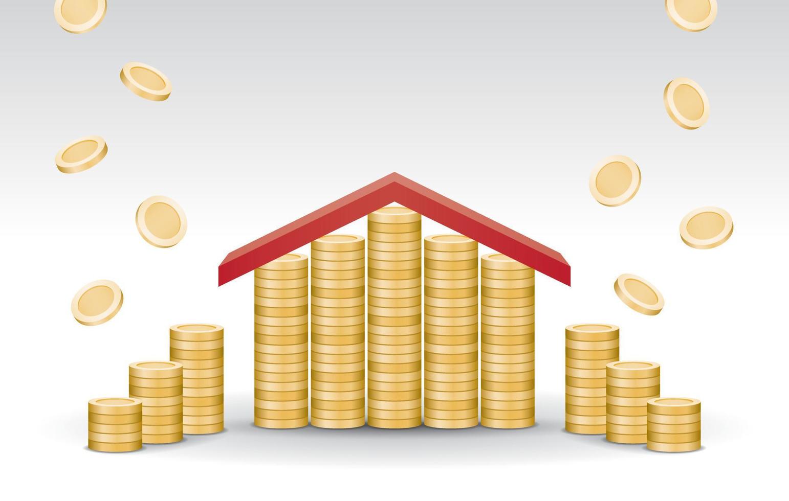 piles of coin and house roof illustration vector with copy space