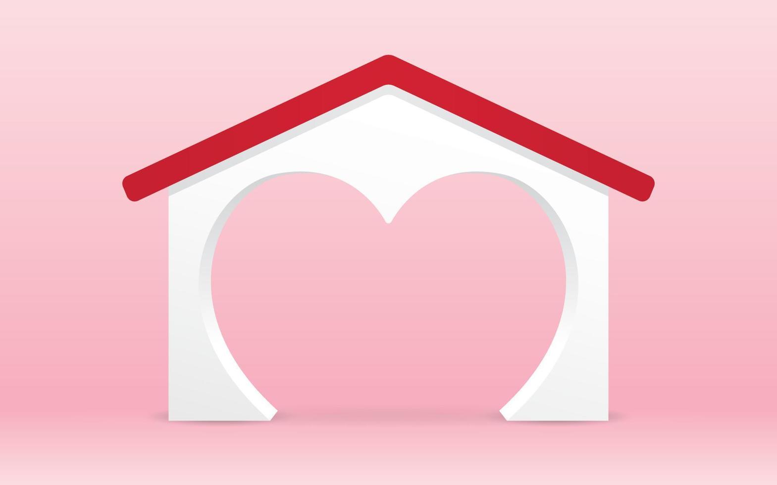 corazón en forma de casa telón de fondo arco 3d ilustración vectorial sobre fondo rosa dulce vector