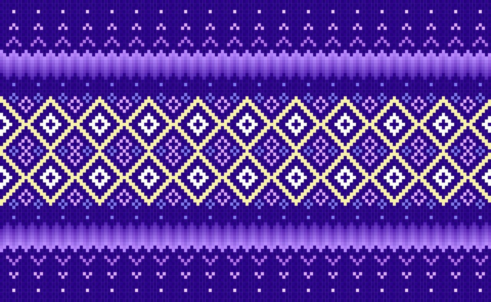 patrón étnico de píxeles, fondo ornamentado de bordado vectorial, patrón púrpura y amarillo tejido continuo vector