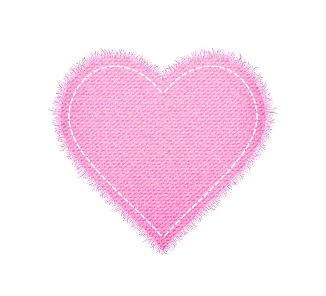 Denim pink heart shape with seam. Torn jean patch with stitches. Vector realistic illustration on white background