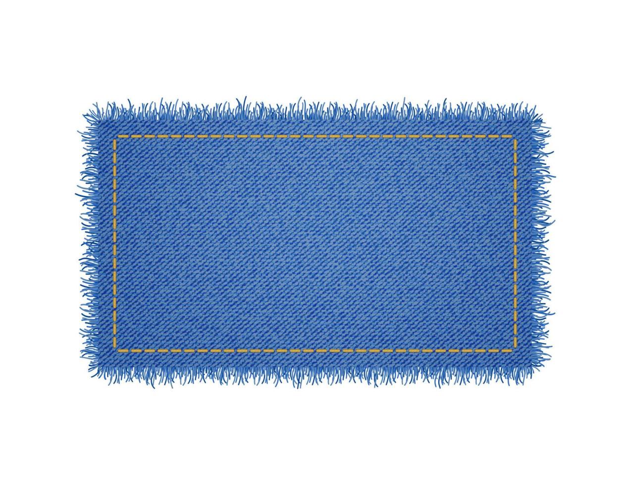 Denim rectangle shape with stitches. Torn jean patch with seam. Vector realistic illustration on white background