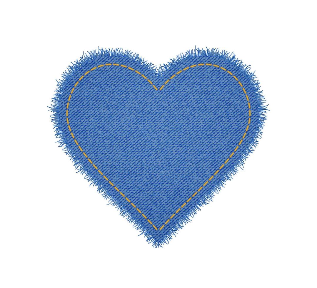Denim heart shape with seam. Torn jean patch with stitches. Vector realistic illustration on white background