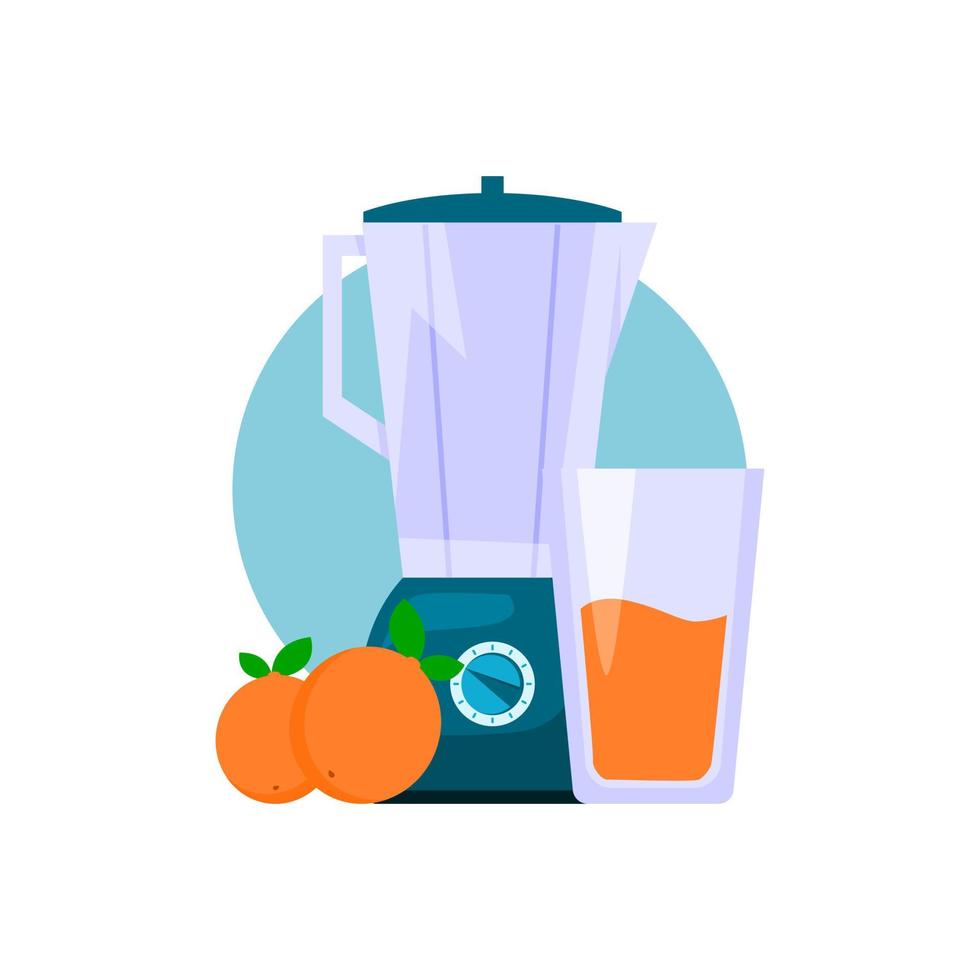 illustration of a blender or juicer and orange fruit and orange juice with flat illustration style vector