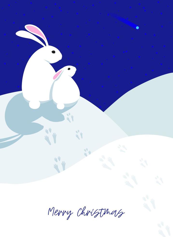 White little rabbits on a snowdrift in frosty snowy weather, against the background of the starry sky, watching a shooting star. Vector illustration