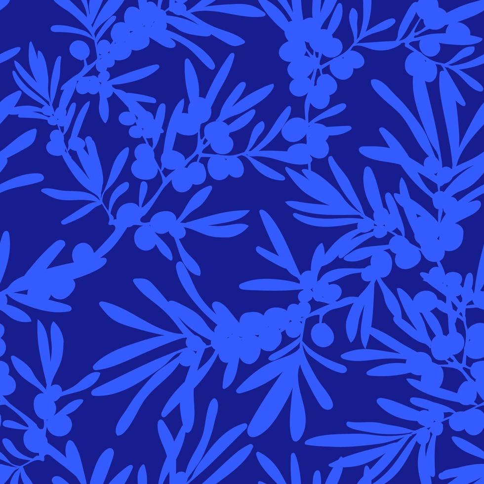 Background with sea buckthorn a branch of sea buckthorn, berries and leaves. Seamless floral ornament. Vector illustration.