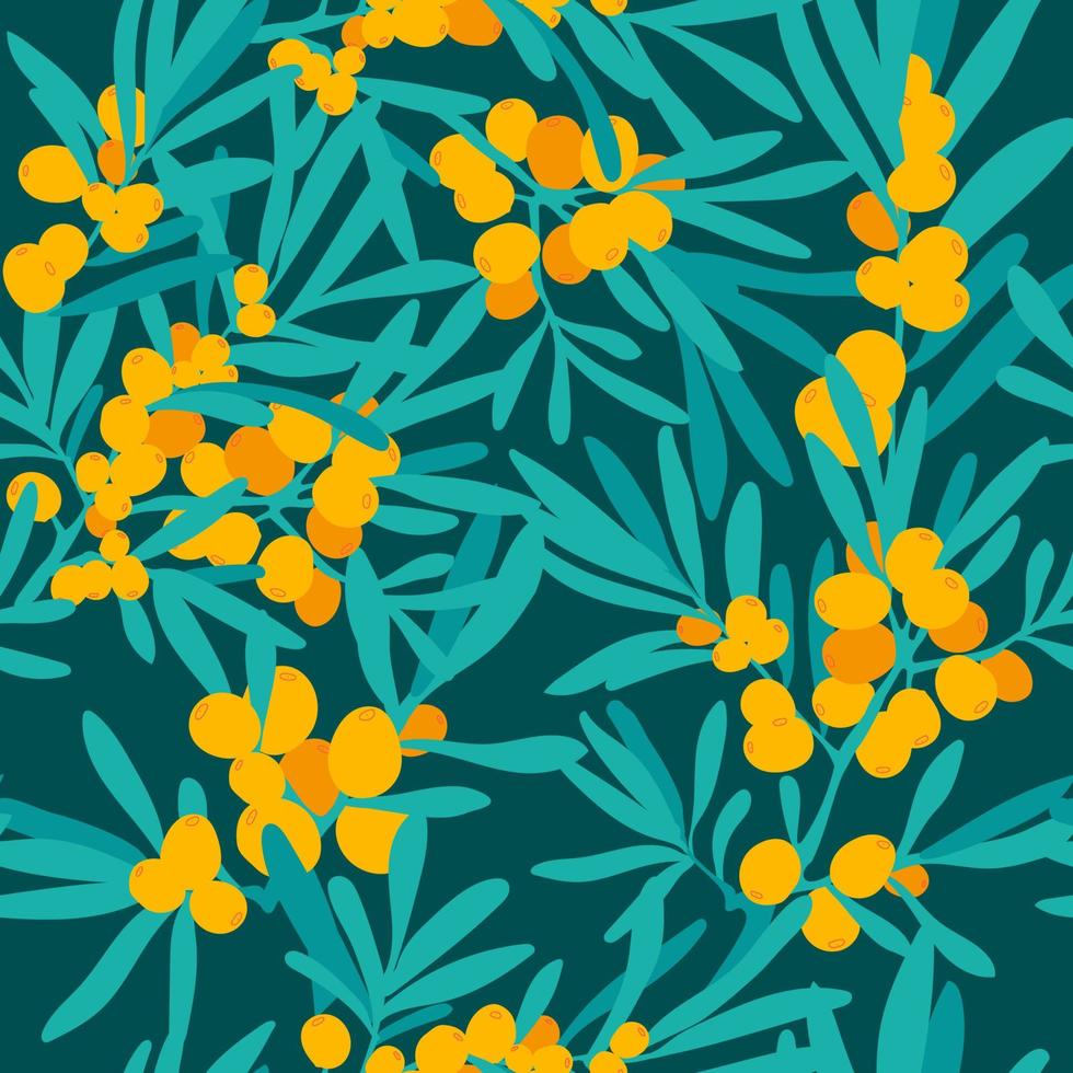 Background with sea buckthorn a branch of sea buckthorn, berries and leaves. Seamless floral ornament. Vector illustration.