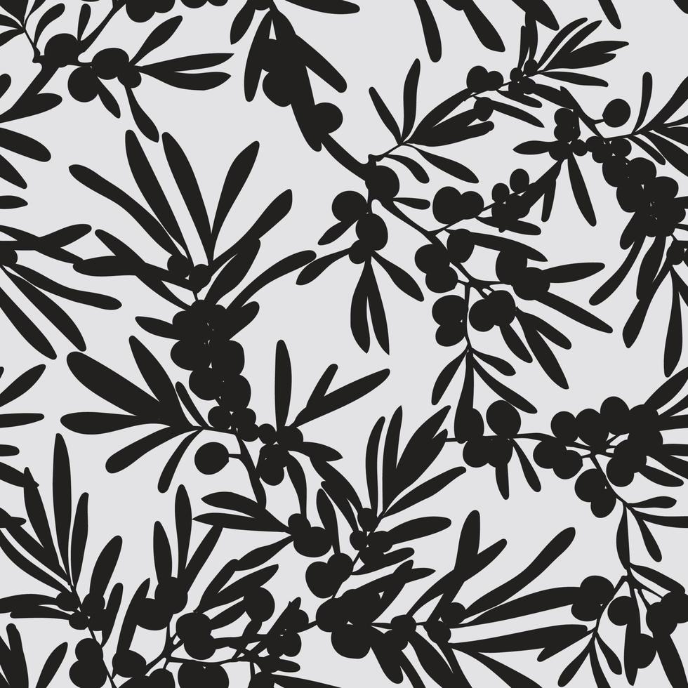 Background with sea buckthorn a branch of sea buckthorn, berries and leaves. Seamless floral ornament. Vector illustration.