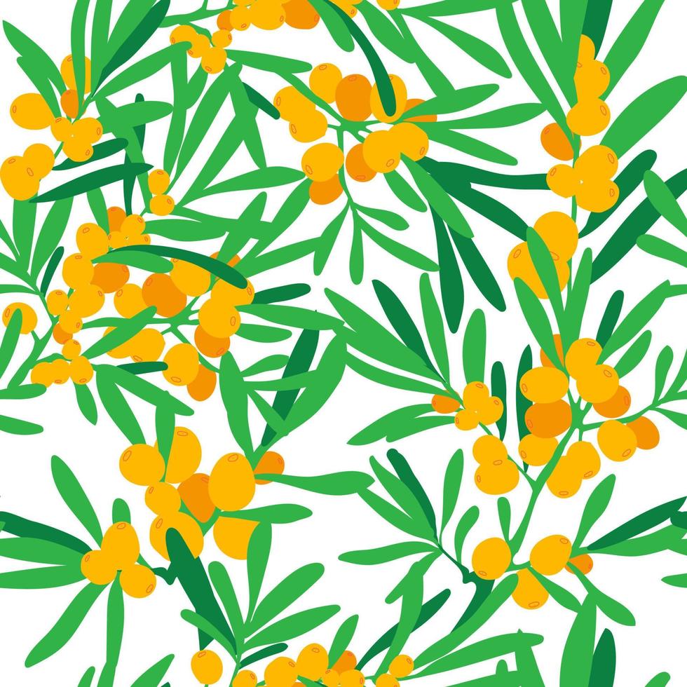 Background with sea buckthorn a branch of sea buckthorn, berries and leaves. Seamless floral ornament. Vector illustration.