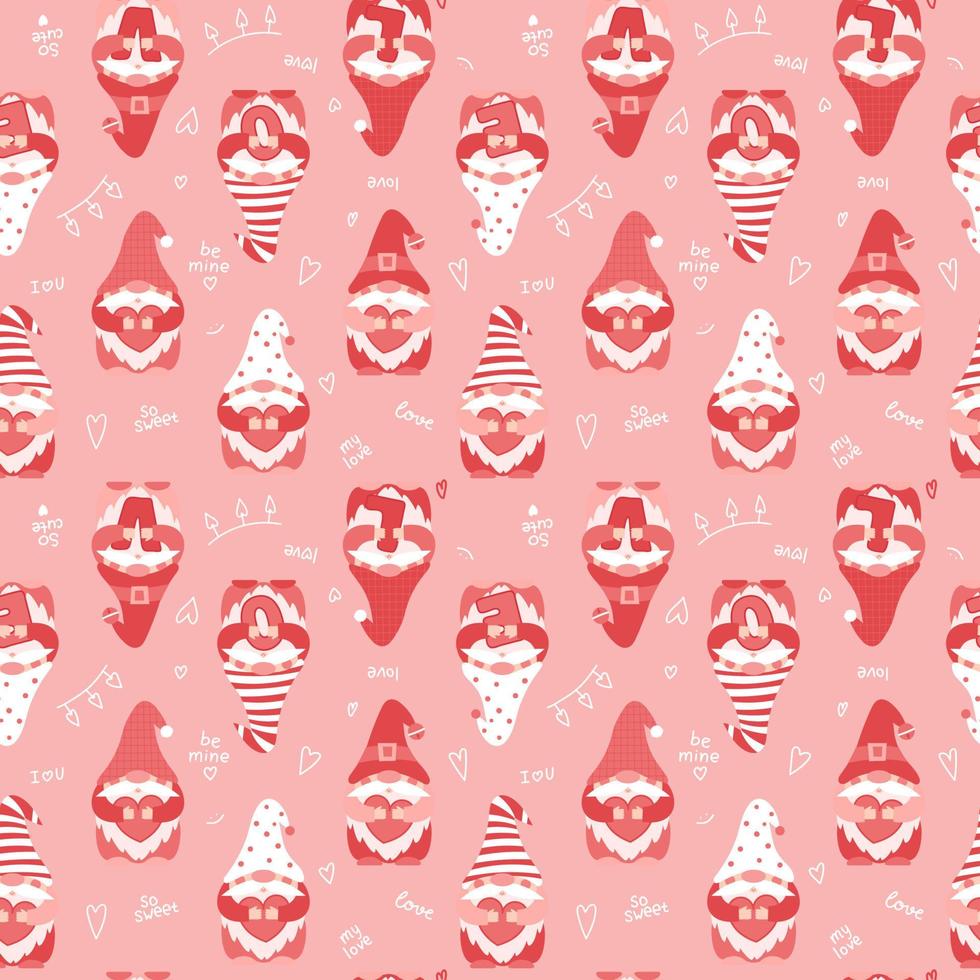 Seamless pattern with Valentines Day cute cartoon gnomes holding hearts and letters LOVE. Pink dwarfs characters and handwritten words. Color vector illustration on a pink background.