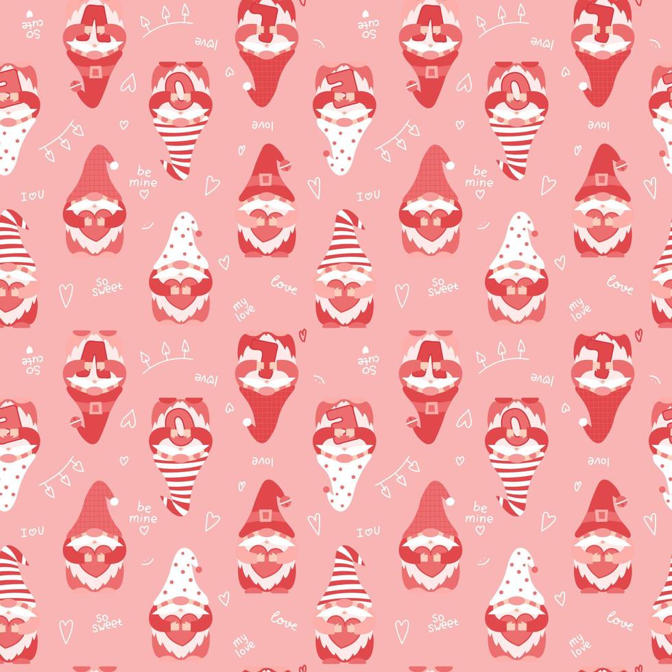 Seamless pattern with Valentines Day cute cartoon gnomes holding hearts and letters LOVE. Pink dwarfs characters and handwritten words. Color vector illustration on a pink background.