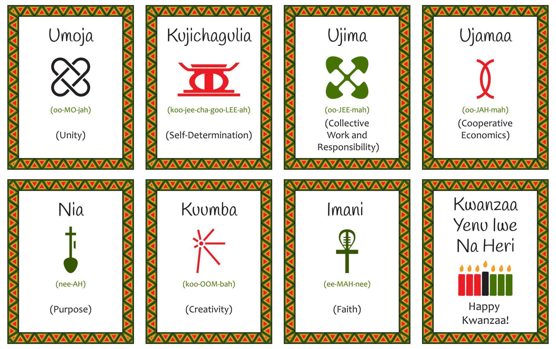 A set of cards with seven signs of the Kwanzaa principles Symbol with