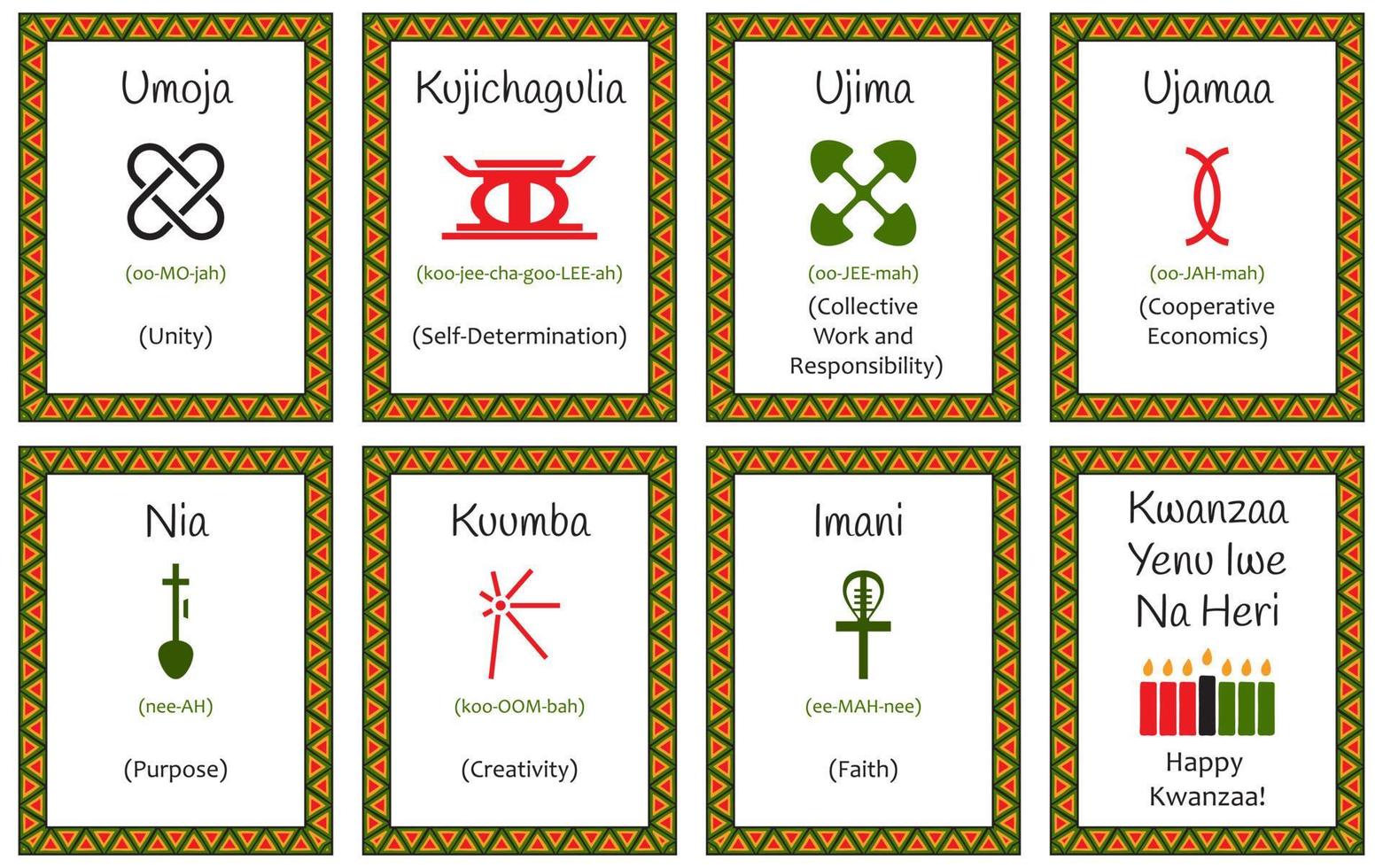 A set of cards with seven signs of the Kwanzaa principles. Symbol with