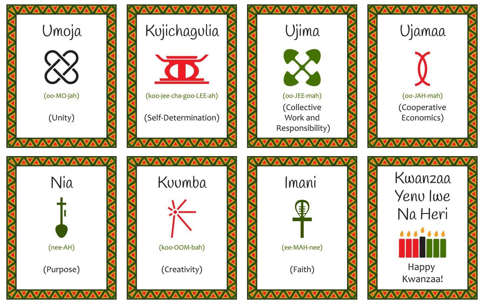 A set of cards with seven signs of the Kwanzaa principles. Symbol with names in Swahili and description. Poster with an ethnic African pattern in traditional colors. Vector illustration