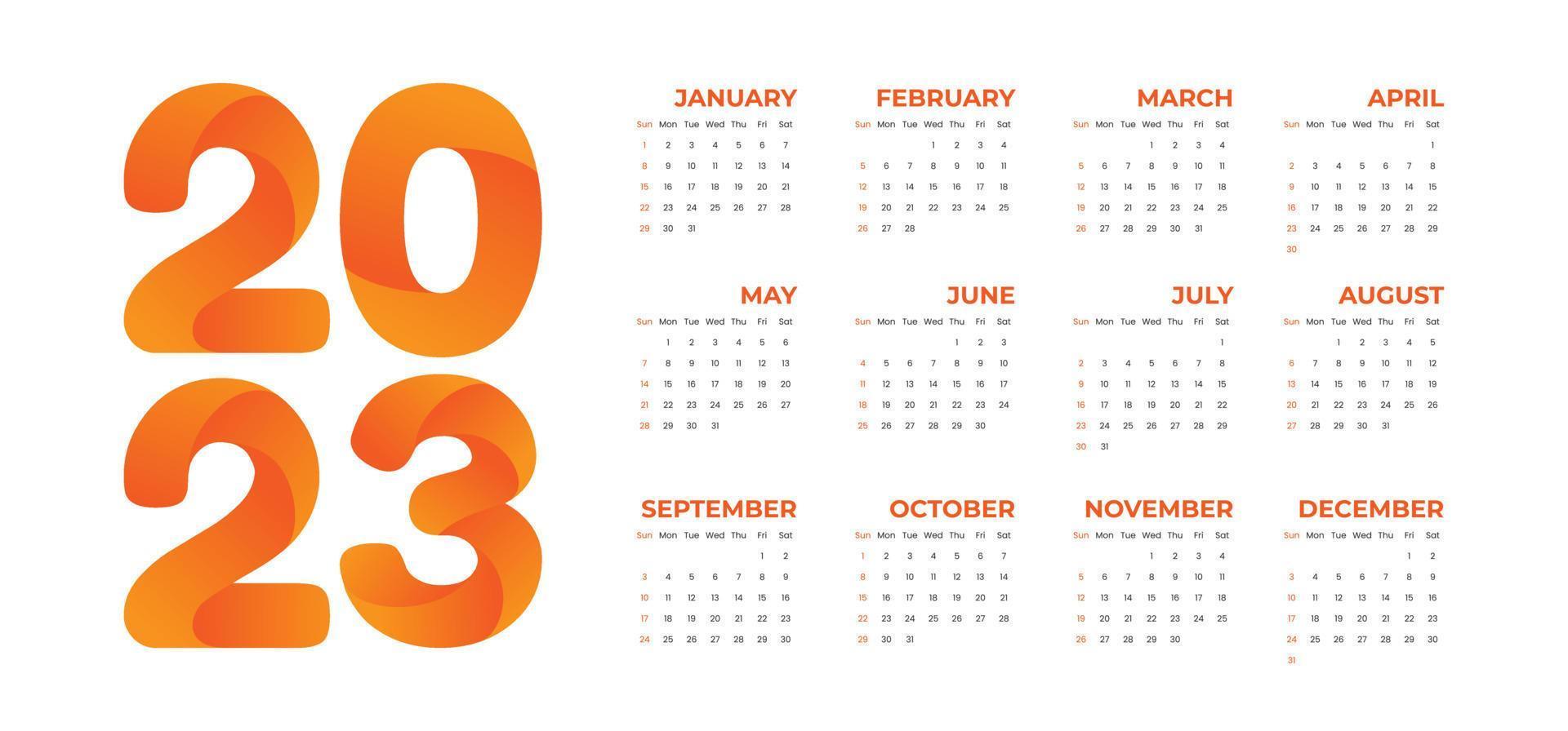Simple Orange 2023 New Year Calendar Template vector