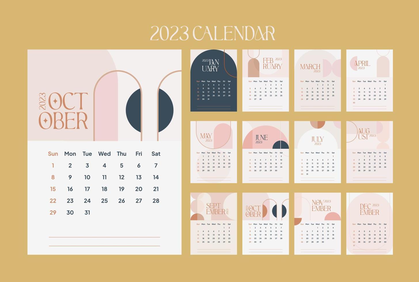 plantilla de calendario estética 2023. diseño de geometría del planificador de año nuevo vector