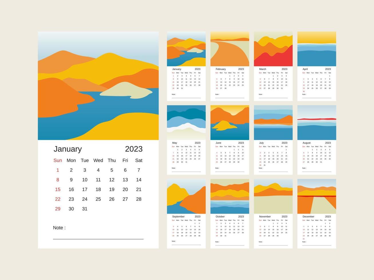 2023 Calendar New Year Design with Scenery Poster vector