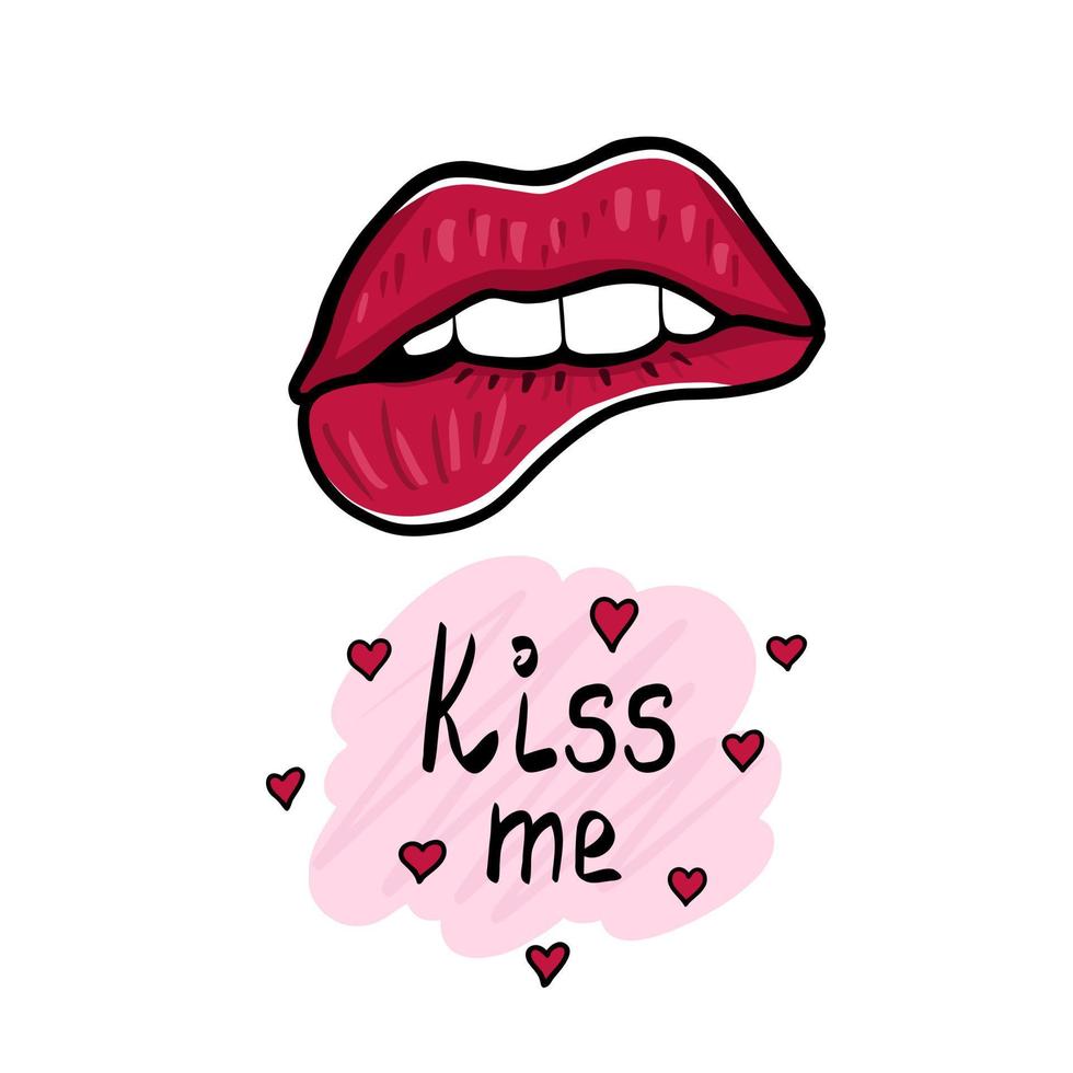 Romantic poster with hand lettering and red lips. Illustration for Valentine's day or wedding handwritten phrase Kiss Me and red lips kiss. Isolated on white background. vector