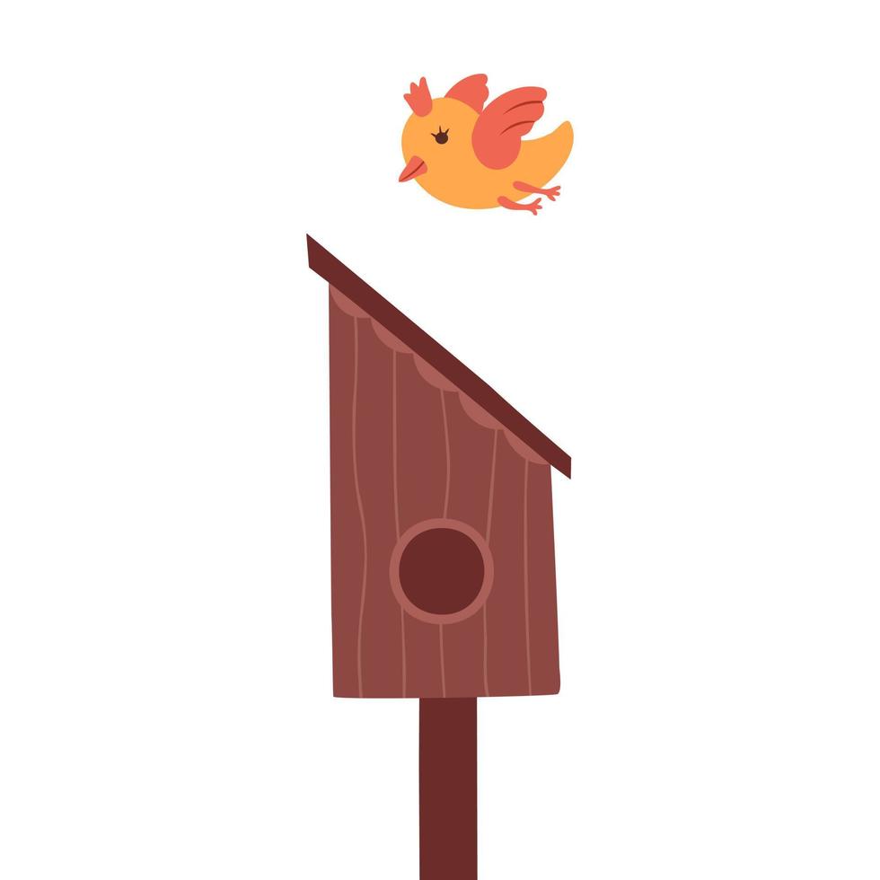 Cute spring illustration with bird and bird house. Illustration for backgrounds, covers and packaging. Image can be used for greeting cards, posters and stickers. Isolated on white background. vector