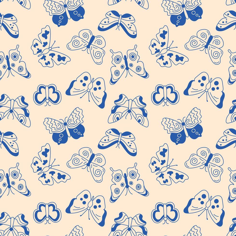 Butterflies pattern. Seamless background with doodle flying insects. Vector repeat illustration for designs, textile, fabric, wrapping paper
