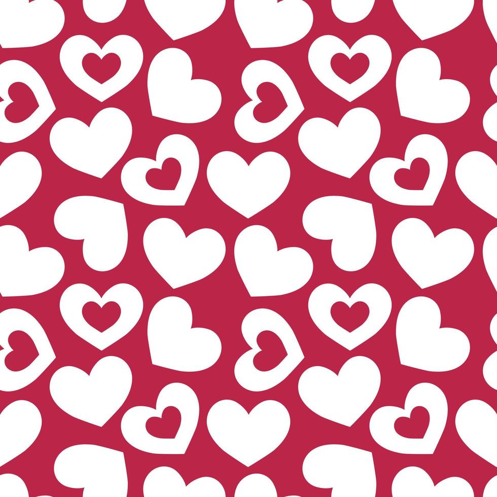 lindo patrón de corazones. fondo transparente del día de san valentín con símbolos blancos de amor sobre fondo rojo. color magenta vivo. ilustración vectorial vector