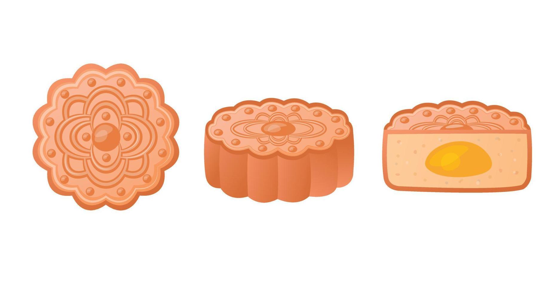 pastel de luna aislado. postre tradicional en el este de asia. juego de pasteles de luna chinos. enteras y cortadas en media empanada con yema de huevo. Ilustración vectorial sobre fondo blanco. vector