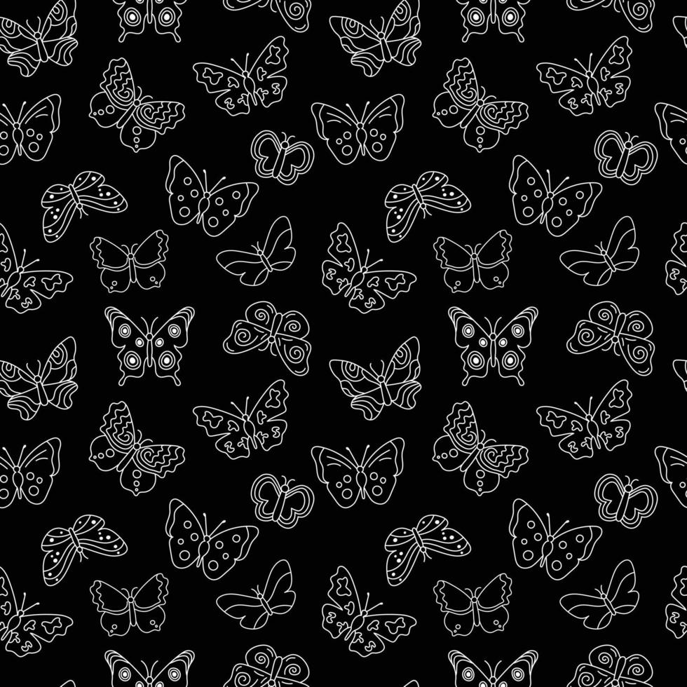 Butterflies doodle pattern. Seamless background with outline flying insects. Black and white print. Vector repeat illustration for designs, textile, fabric, wrapping paper