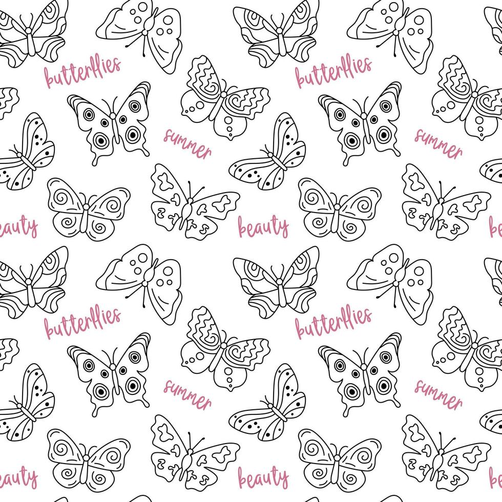 Butterflies pattern. Seamless background with doodle flying insects. Black and white print. Vector repeat illustration for designs, textile, fabric, wrapping paper