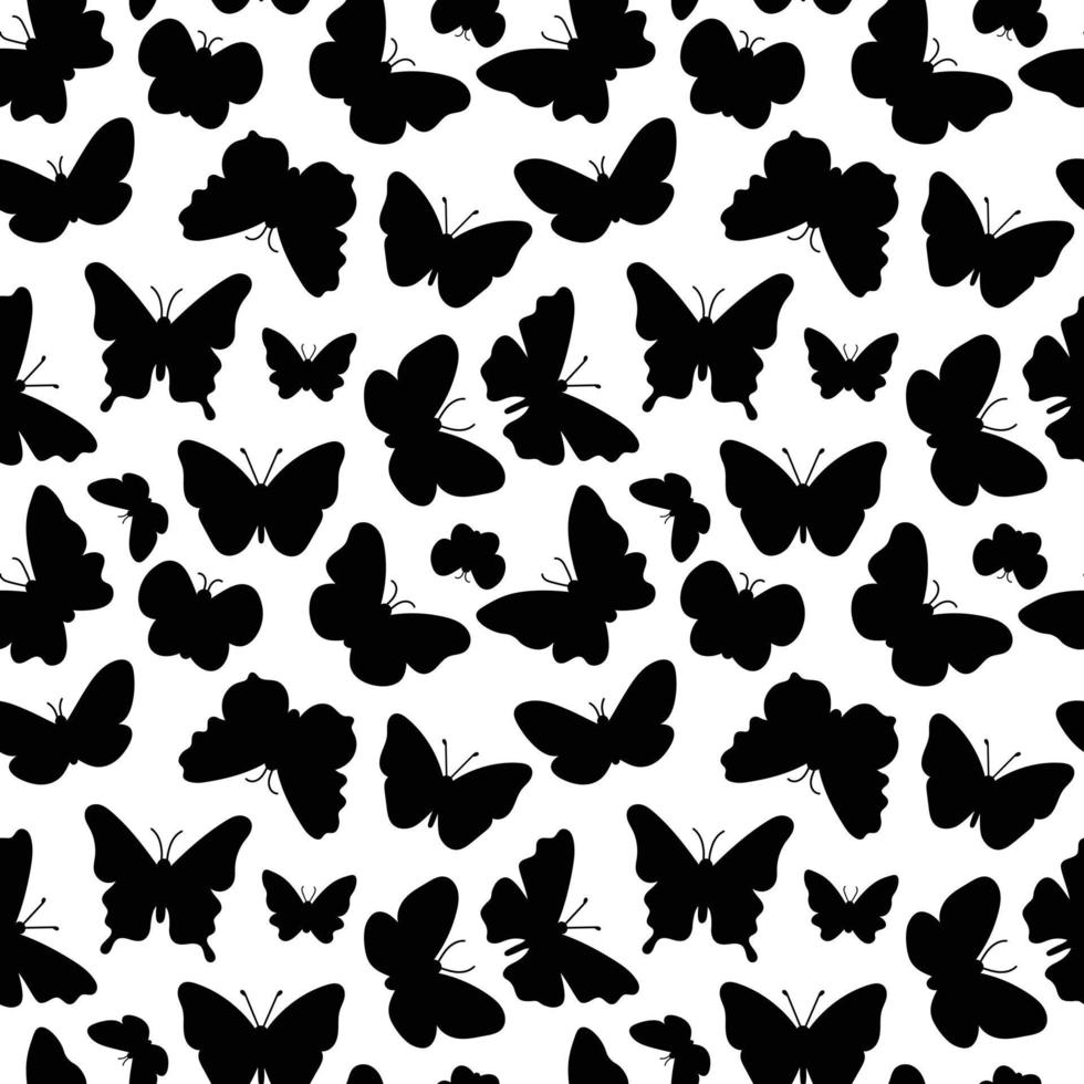 patrón de siluetas de mariposas. impresión en blanco y negro. fondo transparente con insectos voladores. ilustración vectorial repetida para diseños veraniegos y románticos, textiles, telas, papel envolvente vector