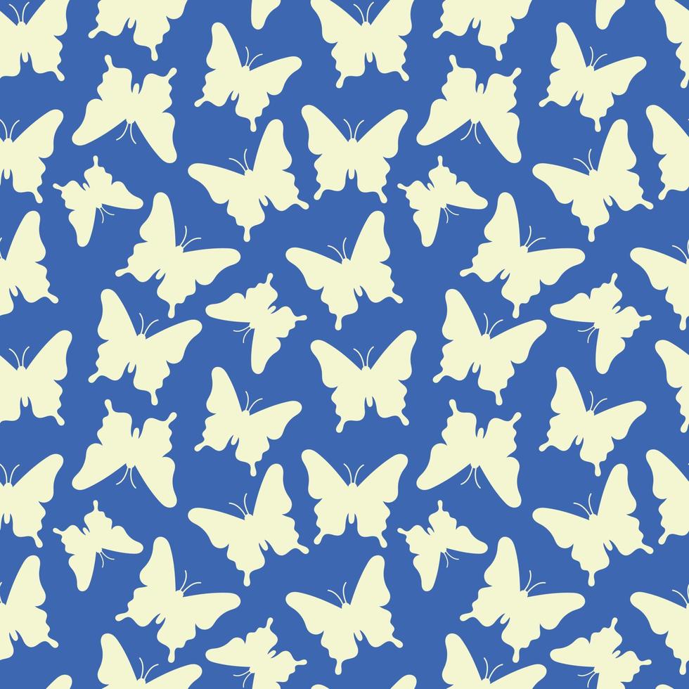 Makhaon butterflies silhouettes pattern. Seamless background with beautiful flying insects. Blue and yellow print. Vector repeat illustration for designs, textile, fabric, wrapping paper