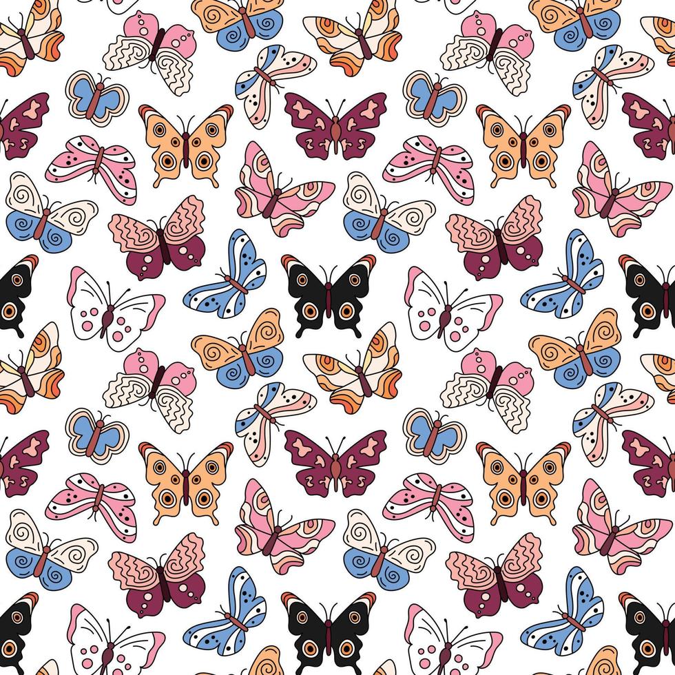 Butterflies boho pattern. Seamless white background with colorful doodle flying insects. Retro print. Vector repeat illustration for designs, textile, fabric, wrapping paper