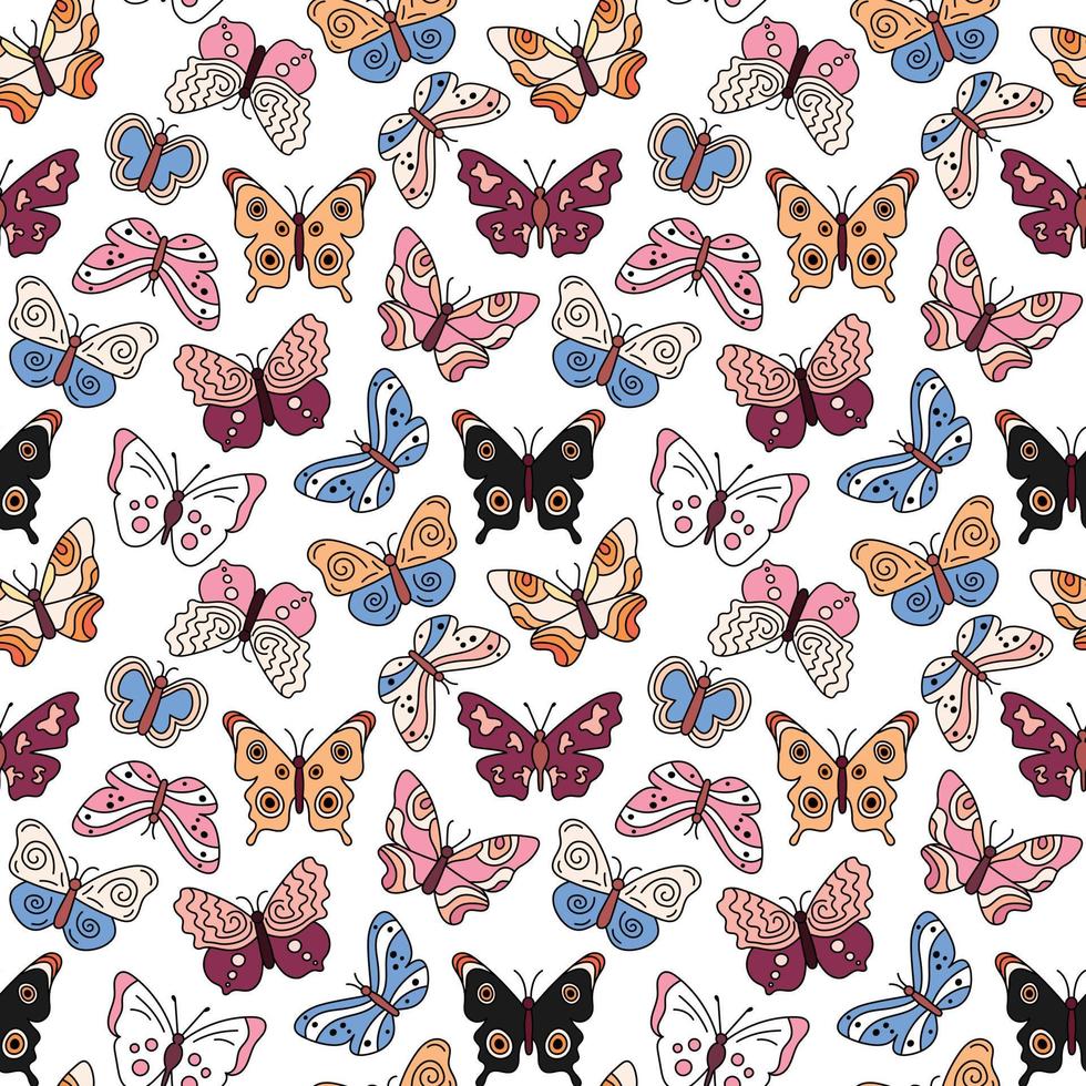 patrón de mariposas boho. fondo blanco transparente con coloridos insectos voladores de garabatos. estampado retro. ilustración vectorial repetida para diseños, textiles, telas, papel de regalo vector