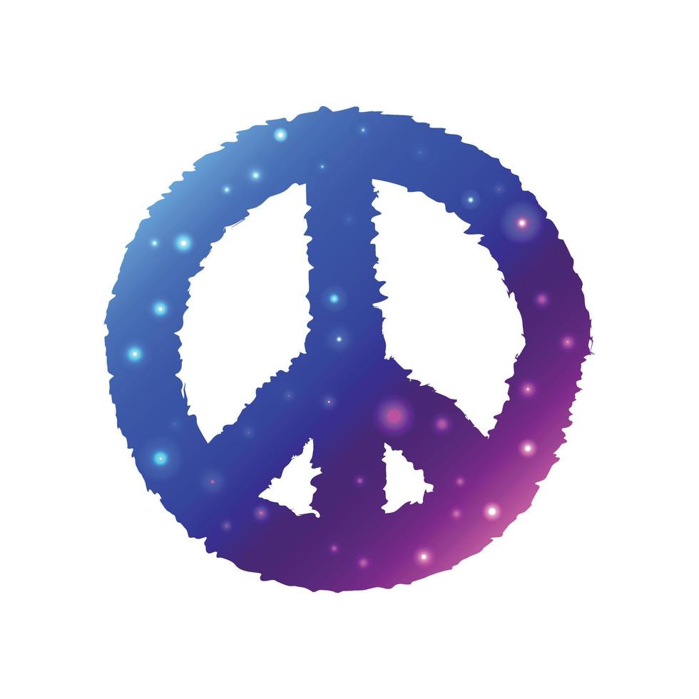 Peace symbol. Vector illustration of isolated sign of peace. Pacifistic concept. Gradient galaxy design with shiny stars