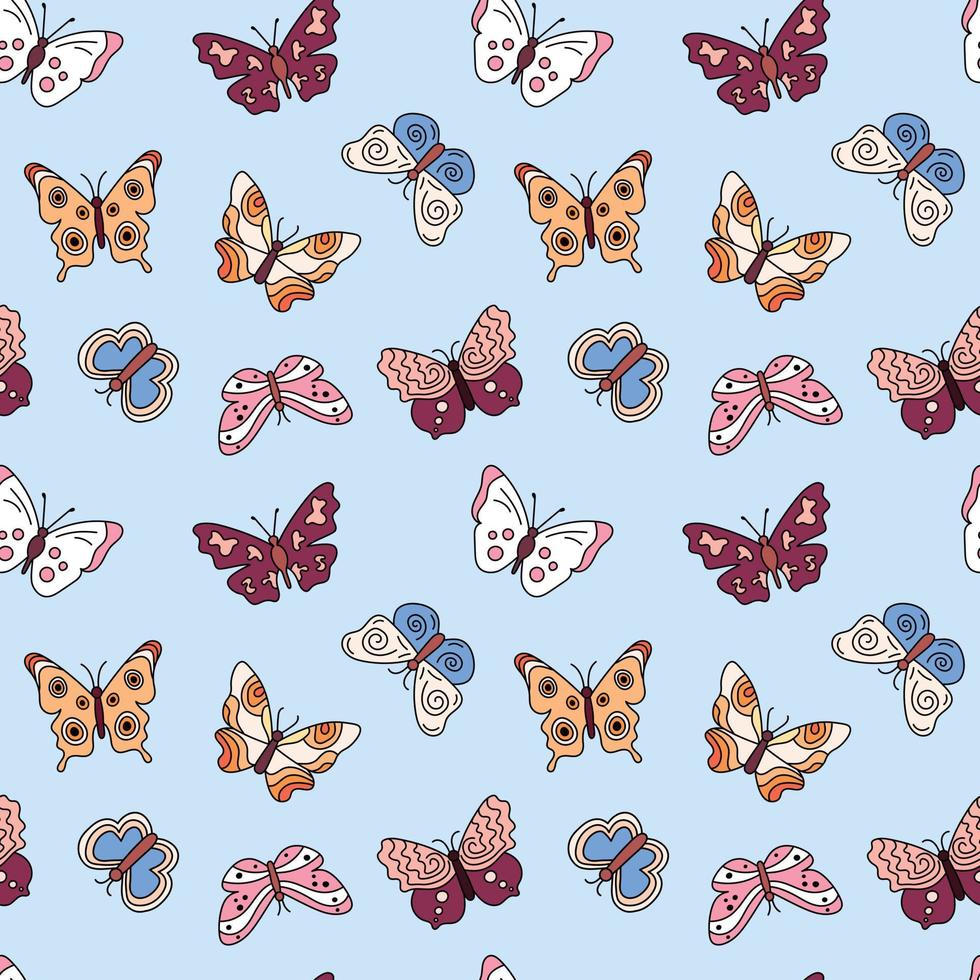 Butterflies boho pattern. Seamless background with doodle flying insects. Colorful print. Vector repeat illustration for designs, textile, fabric, wrapping paper