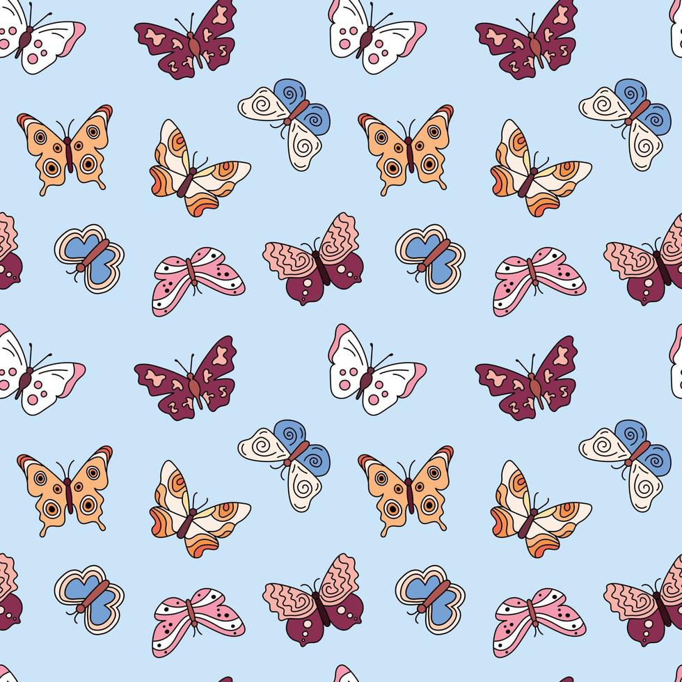 patrón de mariposas boho. fondo transparente con insectos voladores de fideos. impresión colorida ilustración vectorial repetida para diseños, textiles, telas, papel de regalo vector