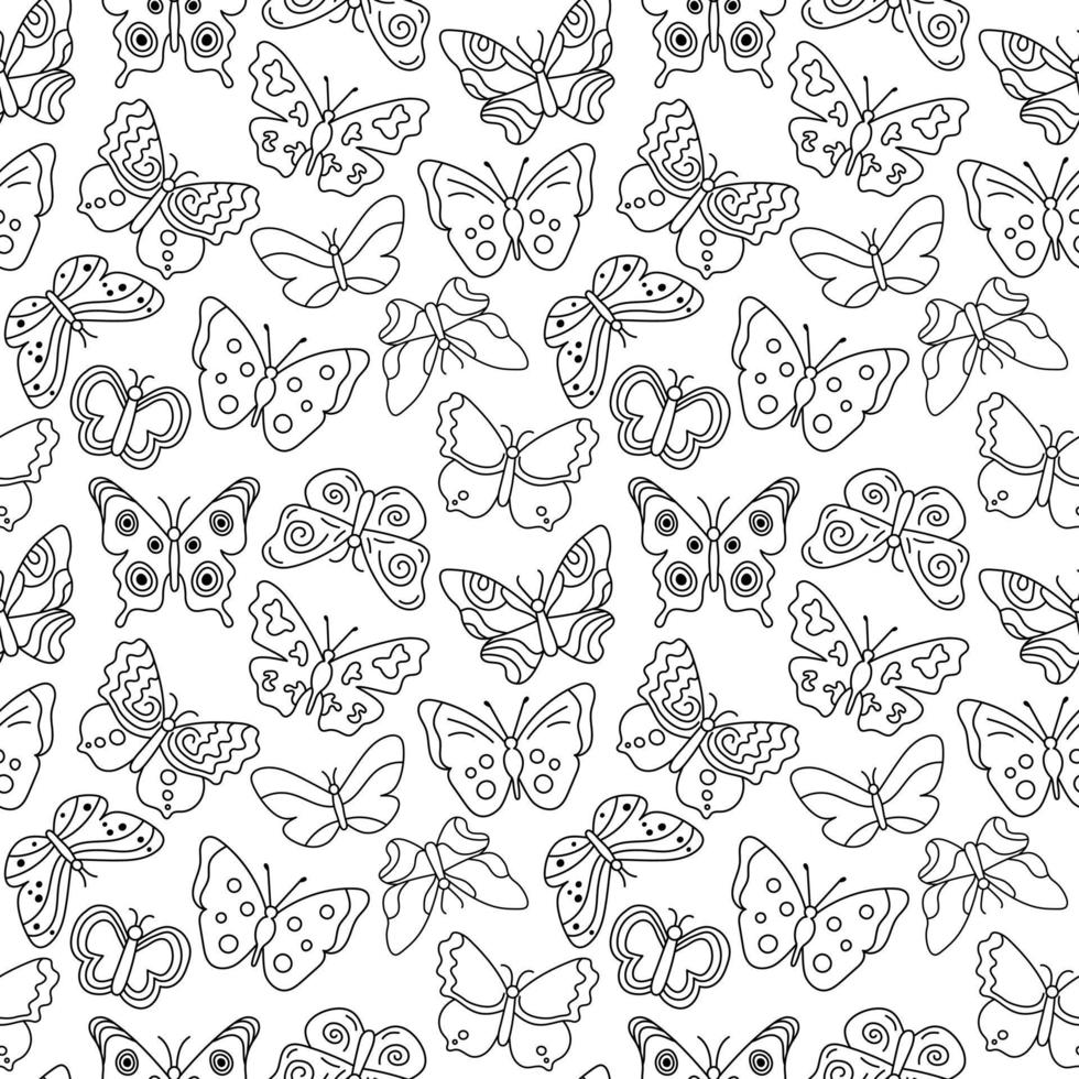 Butterflies pattern. Black and white seamless background with doodle flying insects. Vector repeat illustration for designs, textile, fabric, wrapping paper
