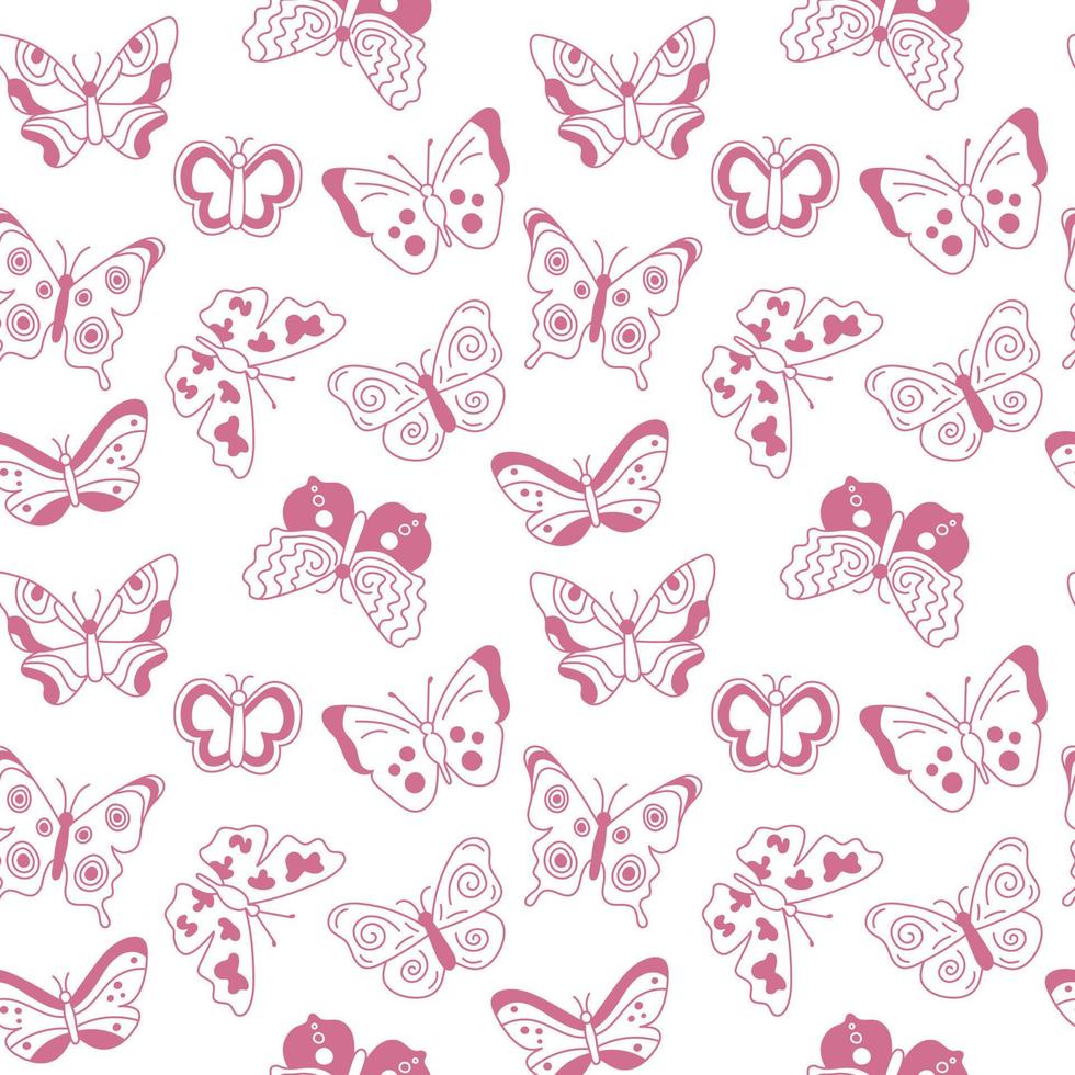 Butterflies pattern. Cute seamless background with beautiful outline flying insects. Pink and white print. Vector repeat illustration for designs, textile, fabric, wrapping paper
