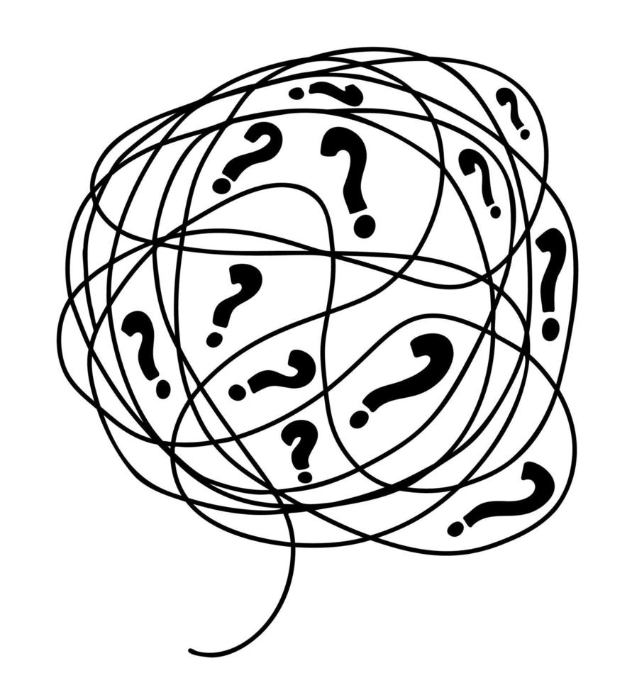 Big tangle of bubbles of confused thoughts with question marks. Vector linear drawing doodle. Psychological concept of problem solving.